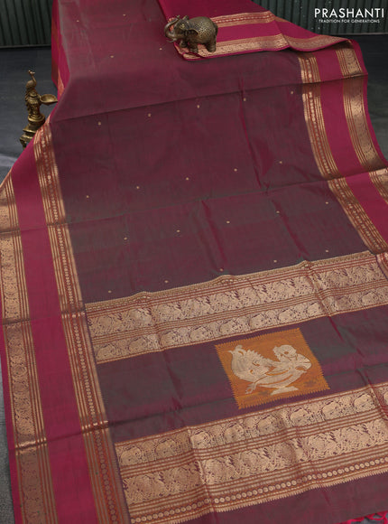 Kanchipuram silk cotton saree dual shade of greenish pink with zari woven buttas and rettapet zari woven border