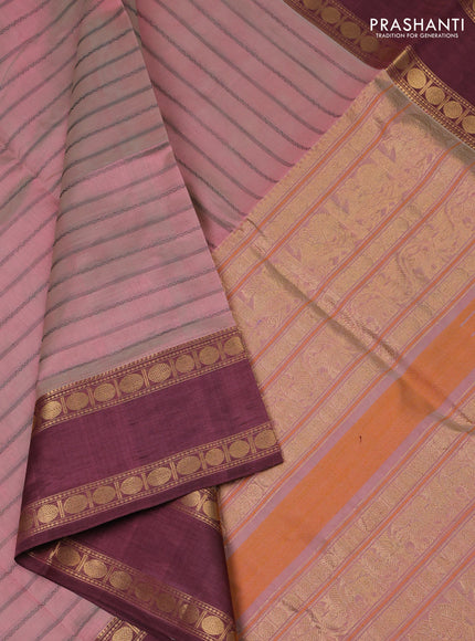 Kanchipuram silk cotton saree pastel pink and mauve pink with thread woven stripes pattern and rettapet zari woven border