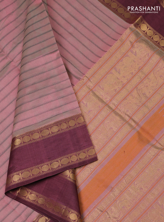Kanchipuram silk cotton saree pastel pink and mauve pink with thread woven stripes pattern and rettapet zari woven border