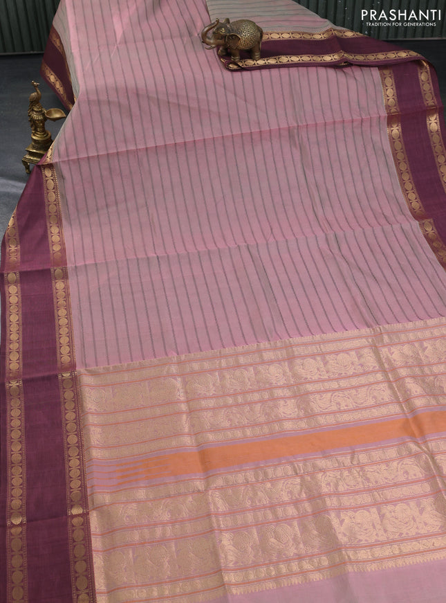 Kanchipuram silk cotton saree pastel pink and mauve pink with thread woven stripes pattern and rettapet zari woven border