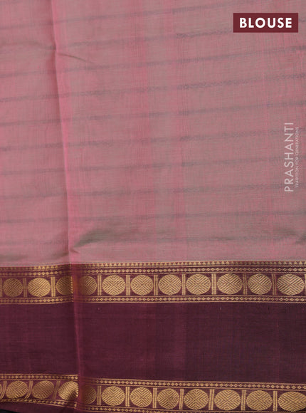 Kanchipuram silk cotton saree pastel pink and mauve pink with thread woven stripes pattern and rettapet zari woven border