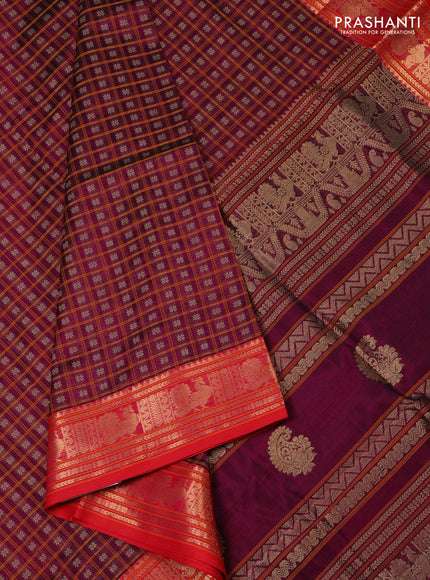 Kanchipuram silk cotton saree dark magenta pink and red with allover thread checks & 1000 buttas and zari woven border
