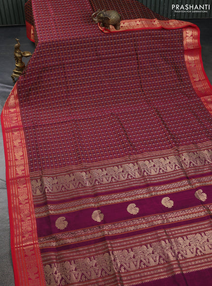 Kanchipuram silk cotton saree dark magenta pink and red with allover thread checks & 1000 buttas and zari woven border