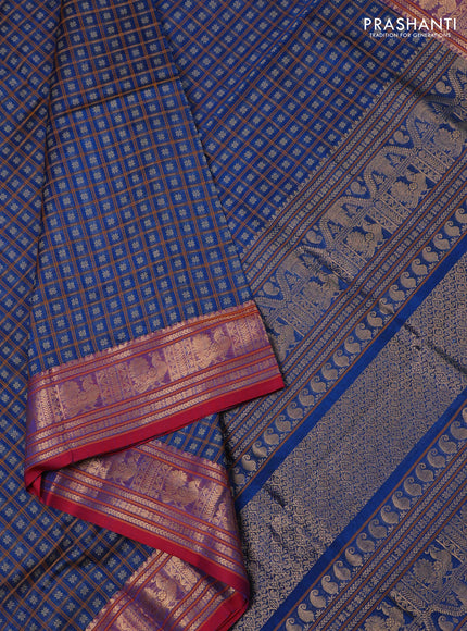 Kanchipuram silk cotton saree peacock blue and maroon with allover thread checks & 1000 buttas and zari woven border