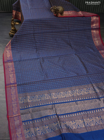 Kanchipuram silk cotton saree peacock blue and maroon with allover thread checks & 1000 buttas and zari woven border