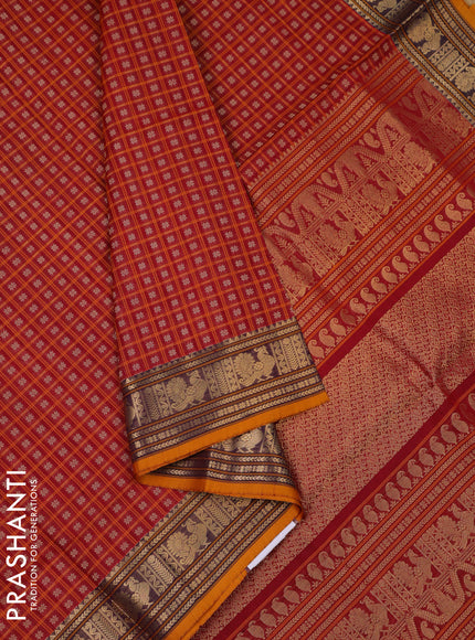 Kanchipuram silk cotton saree maroon and mustard shade with allover thread checks & 1000 buttas and zari woven border