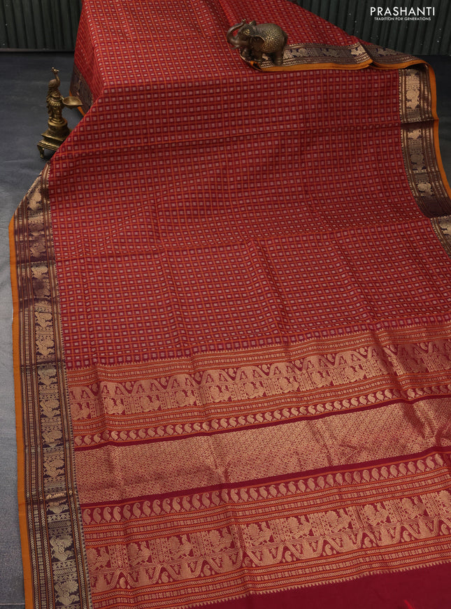 Kanchipuram silk cotton saree maroon and mustard shade with allover thread checks & 1000 buttas and zari woven border