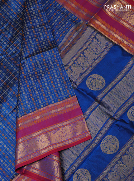 Kanchipuram silk cotton saree cs blue and maroon with allover thread checks & 1000 buttas and long zari woven border