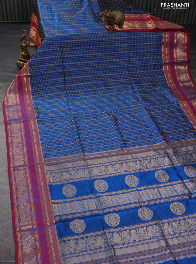 Kanchipuram silk cotton saree cs blue and maroon with allover thread checks & 1000 buttas and long zari woven border