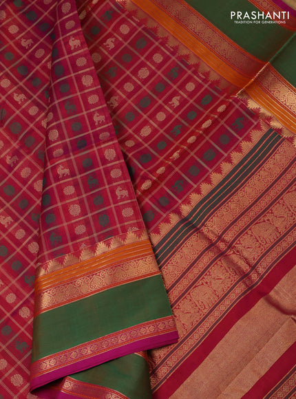 Kanchipuram silk cotton saree pink and green with allover thread checks & buttas and rettapet zari woven border