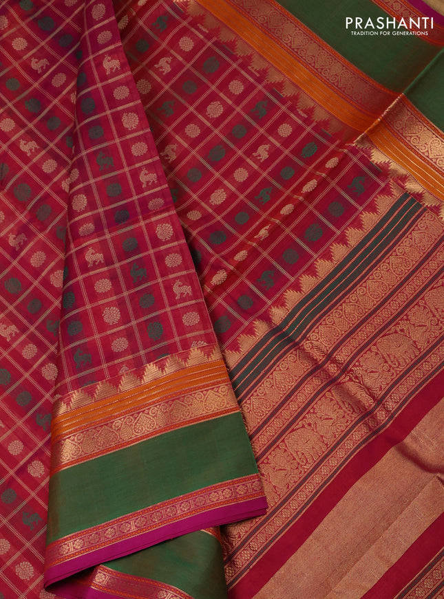 Kanchipuram silk cotton saree pink and green with allover thread checks & buttas and rettapet zari woven border