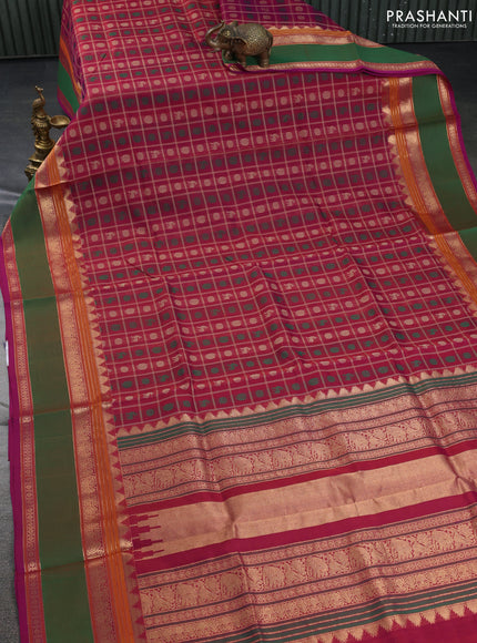 Kanchipuram silk cotton saree pink and green with allover thread checks & buttas and rettapet zari woven border