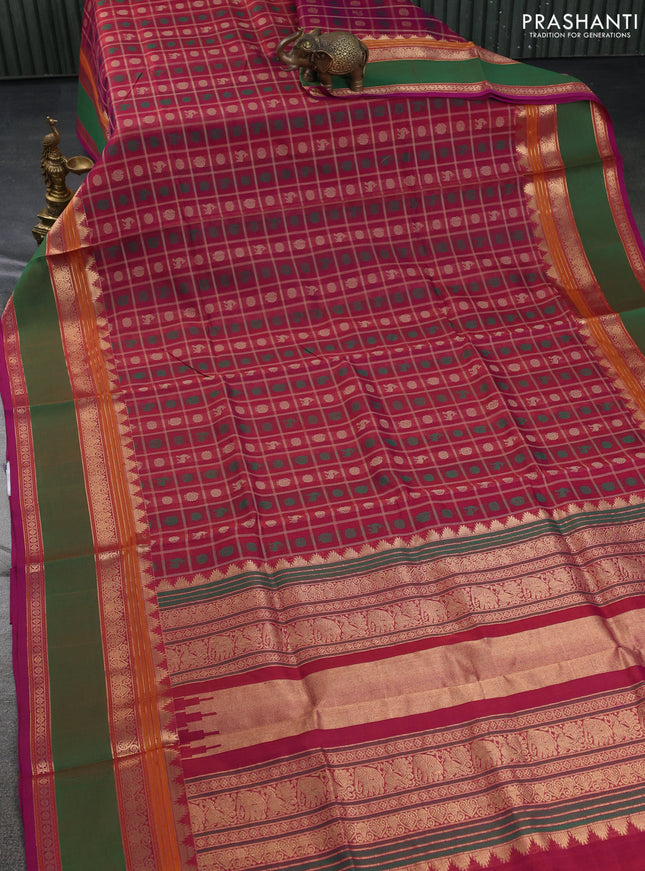 Kanchipuram silk cotton saree pink and green with allover thread checks & buttas and rettapet zari woven border