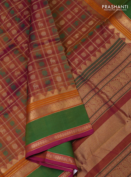 Kanchipuram silk cotton saree dual shade of purple and green with allover thread checks & buttas and rettapet zari woven border