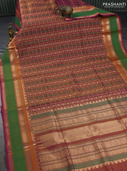 Kanchipuram silk cotton saree dual shade of purple and green with allover thread checks & buttas and rettapet zari woven border