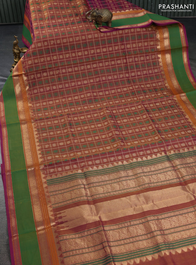 Kanchipuram silk cotton saree dual shade of purple and green with allover thread checks & buttas and rettapet zari woven border