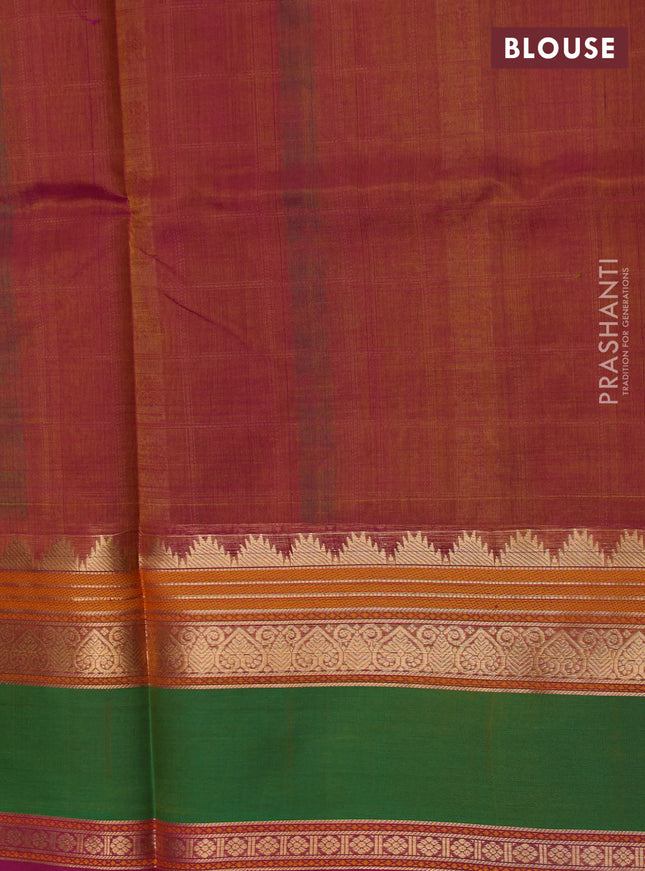 Kanchipuram silk cotton saree dual shade of purple and green with allover thread checks & buttas and rettapet zari woven border
