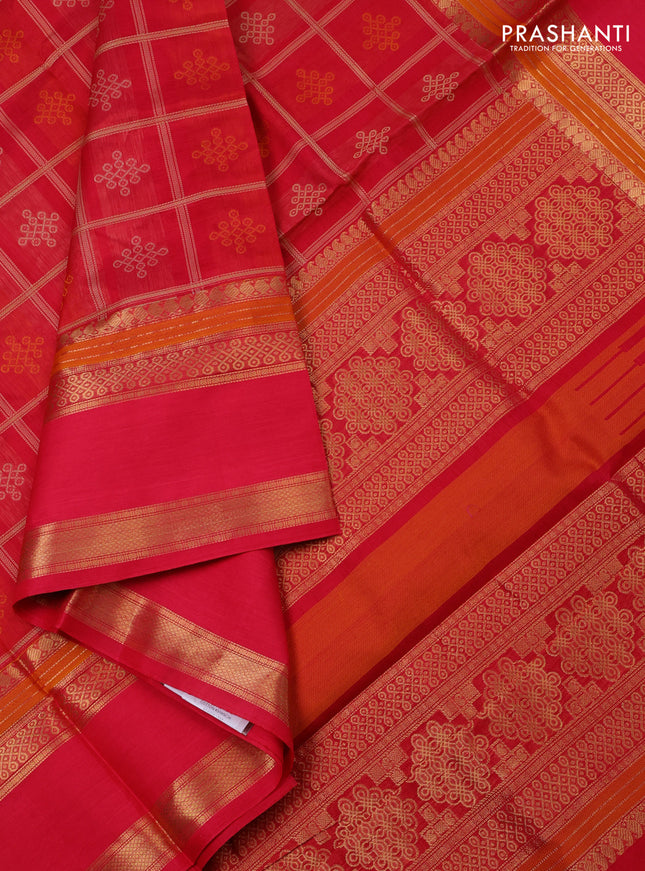 Kanchipuram silk cotton saree pink with allover thread checks & buttas and rettapet zari woven border