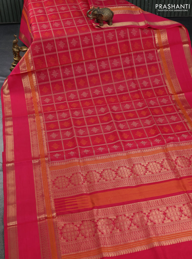 Kanchipuram silk cotton saree pink with allover thread checks & buttas and rettapet zari woven border