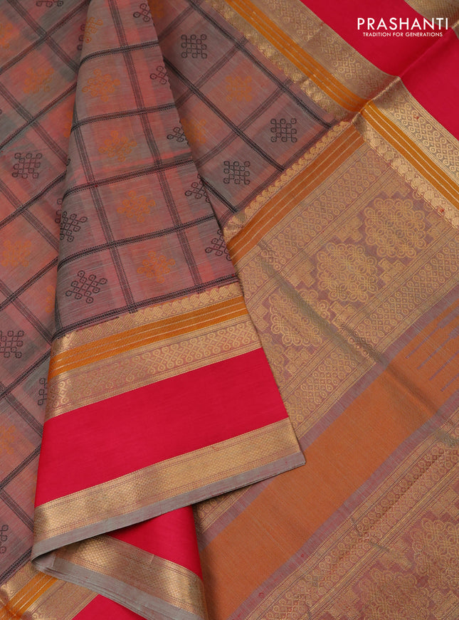 Kanchipuram silk cotton saree dual shade of pastel green and pink with allover thread checks & buttas and rettapet zari woven border
