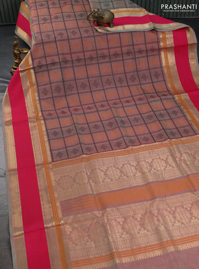 Kanchipuram silk cotton saree dual shade of pastel green and pink with allover thread checks & buttas and rettapet zari woven border