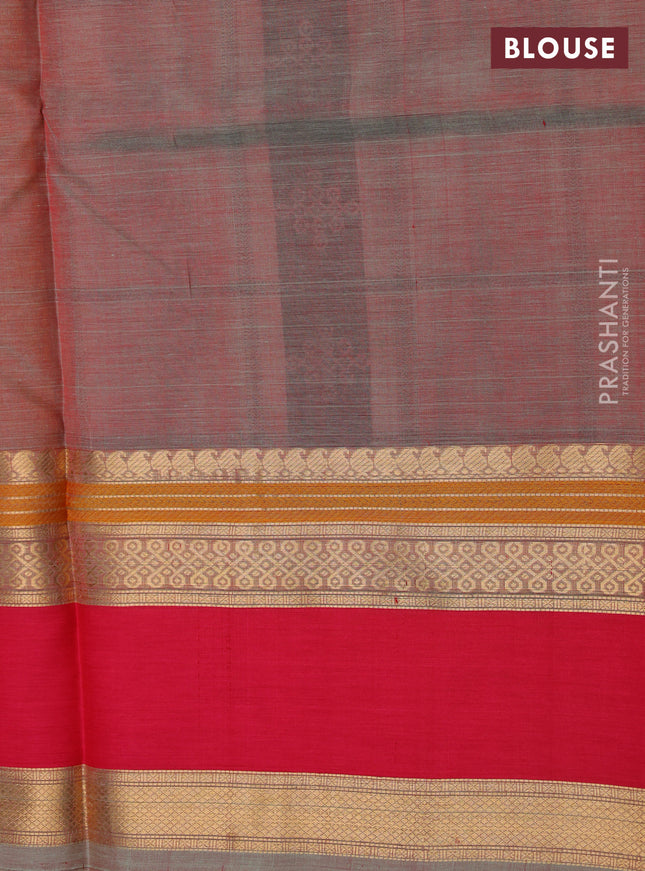 Kanchipuram silk cotton saree dual shade of pastel green and pink with allover thread checks & buttas and rettapet zari woven border