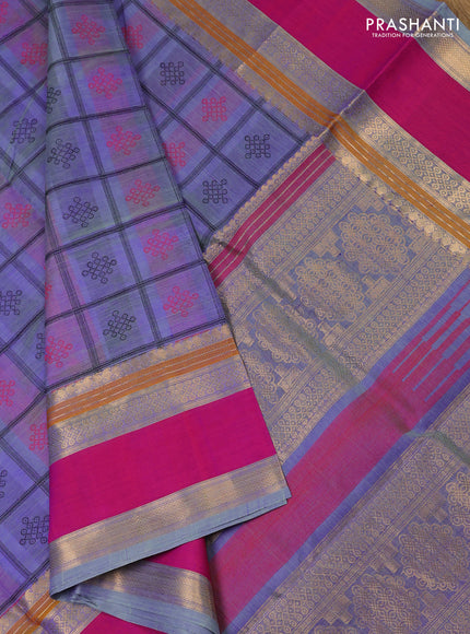 Kanchipuram silk cotton saree dual shade of blue and magenta pink with allover thread checks & buttas and rettapet zari woven border