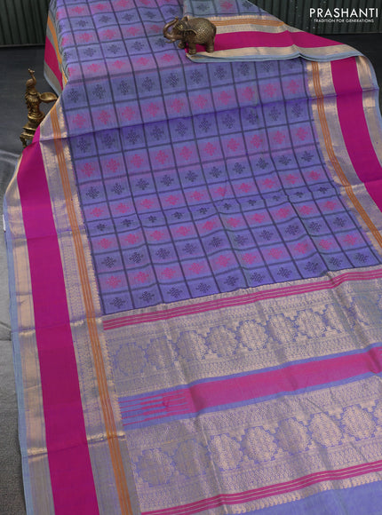 Kanchipuram silk cotton saree dual shade of blue and magenta pink with allover thread checks & buttas and rettapet zari woven border