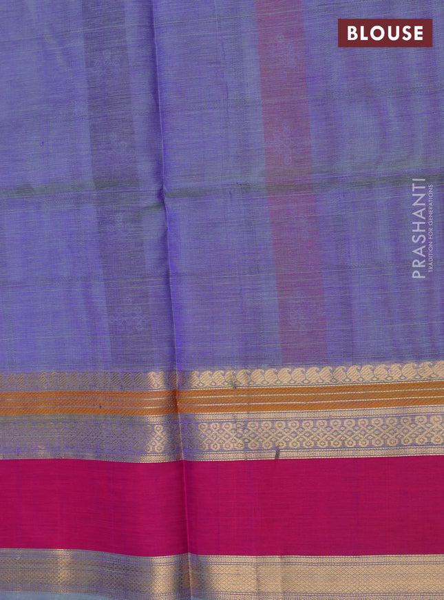 Kanchipuram silk cotton saree dual shade of blue and magenta pink with allover thread checks & buttas and rettapet zari woven border