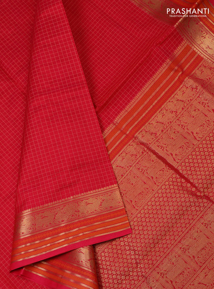 Kanchipuram silk cotton saree pink with allover checked pattern and zari woven border