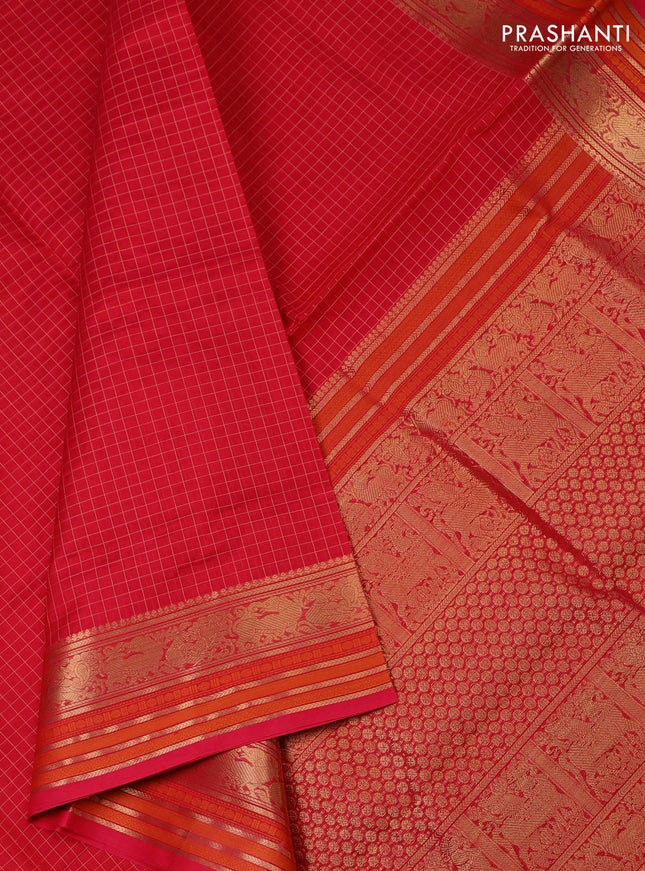Kanchipuram silk cotton saree pink with allover checked pattern and zari woven border