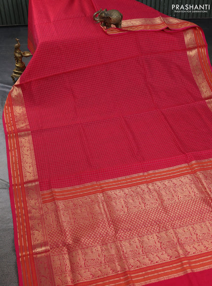 Kanchipuram silk cotton saree pink with allover checked pattern and zari woven border