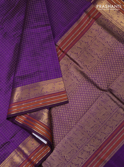Kanchipuram silk cotton saree violet with allover checked pattern and zari woven border