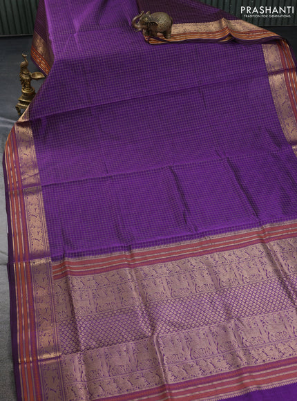 Kanchipuram silk cotton saree violet with allover checked pattern and zari woven border