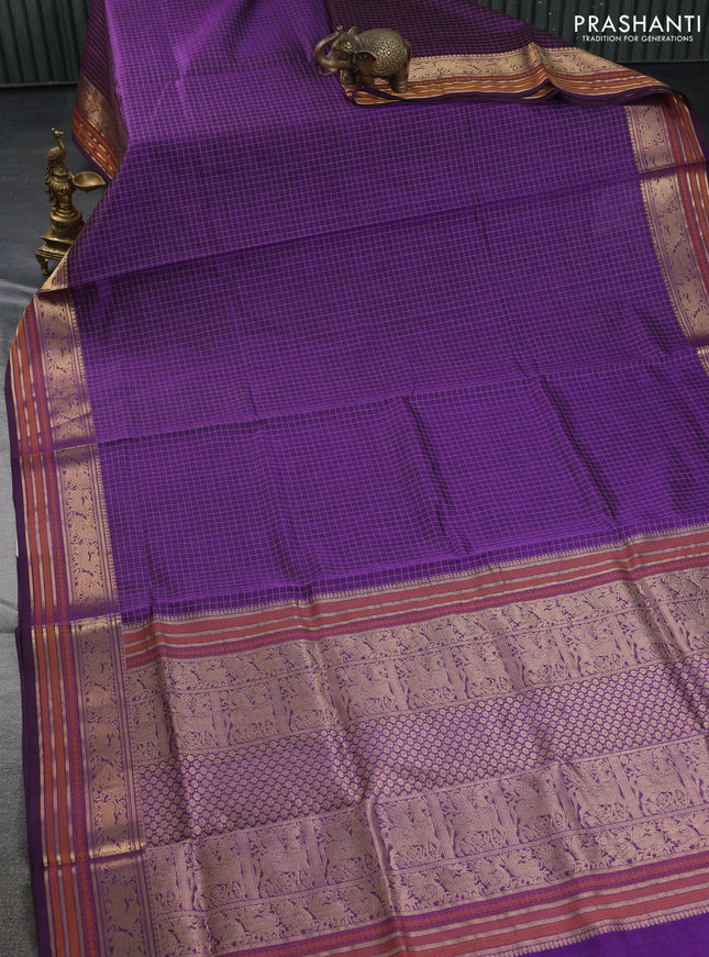 Kanchipuram silk cotton saree violet with allover checked pattern and zari woven border
