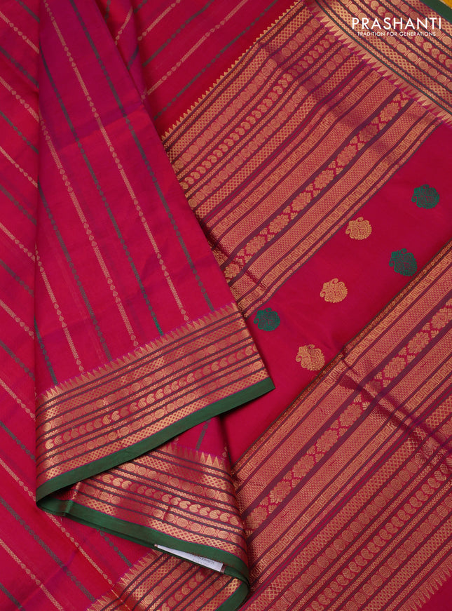 Kanchipuram silk cotton saree pink and green with allover thread weaves and zari woven border