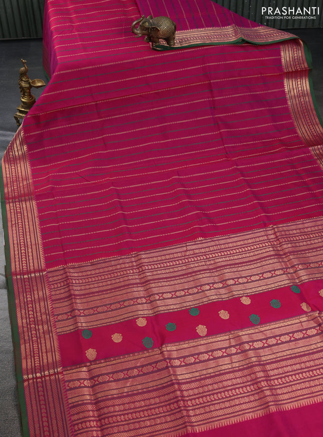 Kanchipuram silk cotton saree pink and green with allover thread weaves and zari woven border