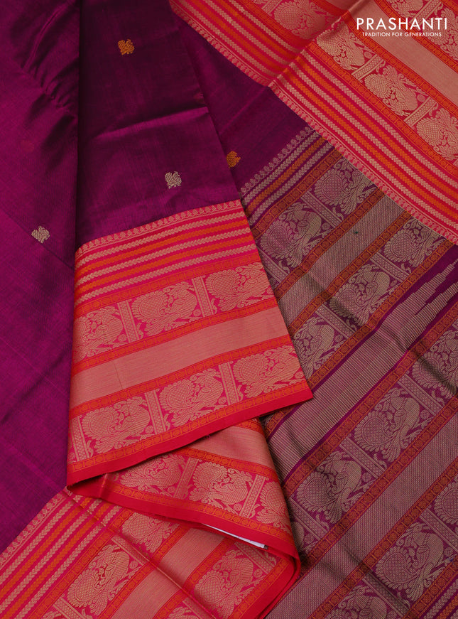 Kanchipuram silk cotton saree magenta pink and pink with thread woven buttas and thread woven border