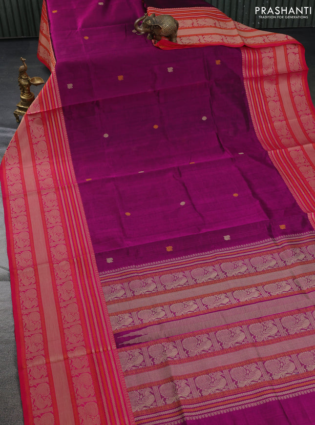 Kanchipuram silk cotton saree magenta pink and pink with thread woven buttas and thread woven border