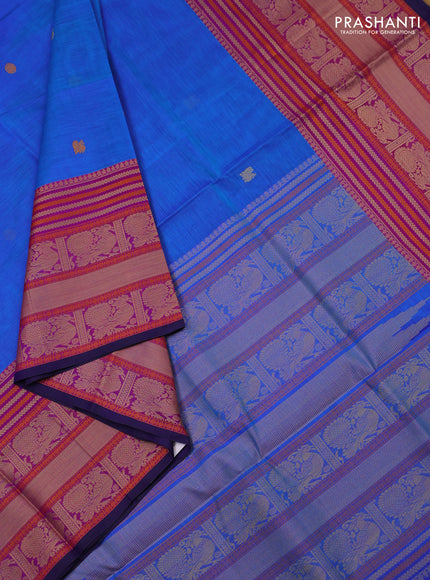 Kanchipuram silk cotton saree cs blue and purple with thread woven buttas and thread woven border