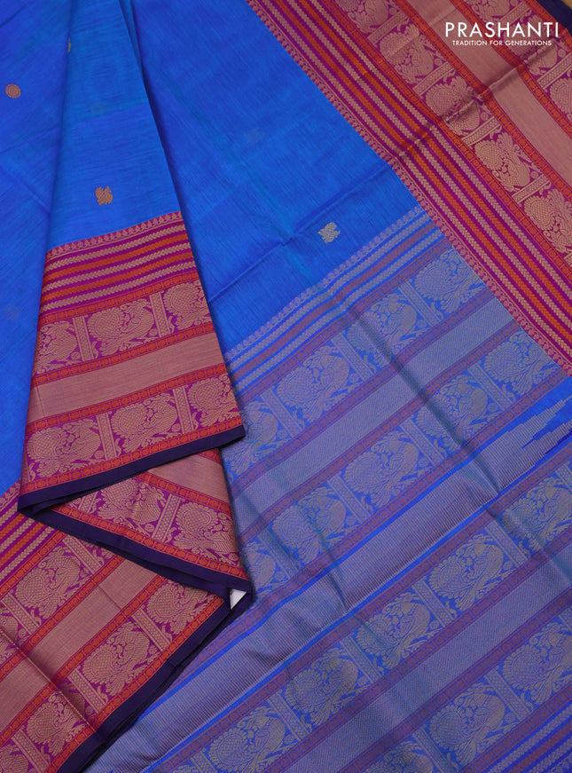 Kanchipuram silk cotton saree cs blue and purple with thread woven buttas and thread woven border