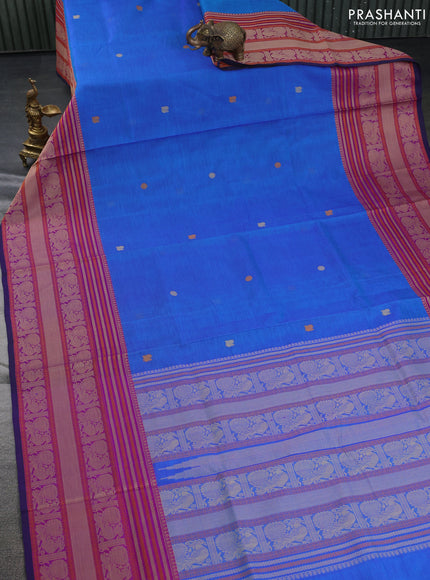 Kanchipuram silk cotton saree cs blue and purple with thread woven buttas and thread woven border