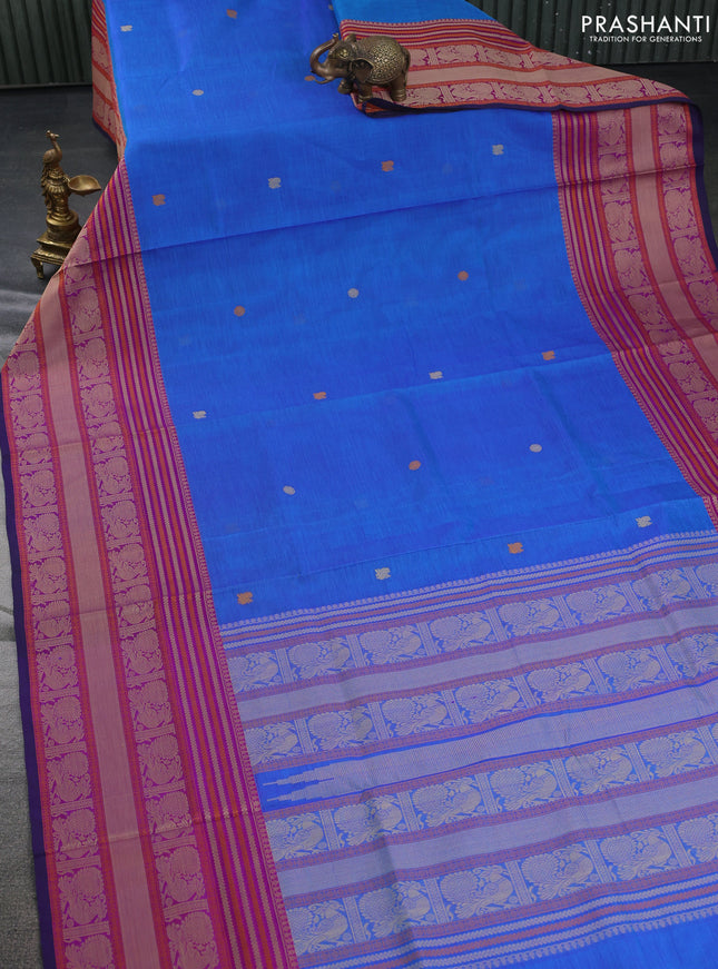 Kanchipuram silk cotton saree cs blue and purple with thread woven buttas and thread woven border