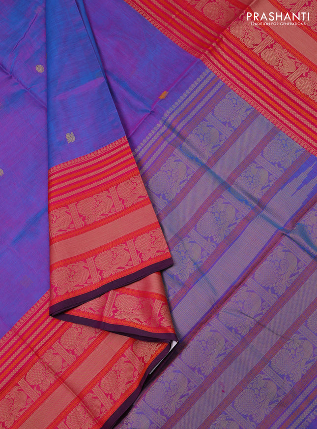 Kanchipuram silk cotton saree dual shade of purple and pink with thread woven buttas and thread woven border
