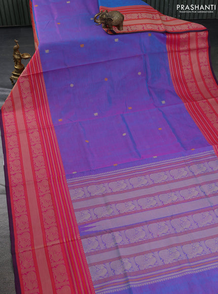 Kanchipuram silk cotton saree dual shade of purple and pink with thread woven buttas and thread woven border