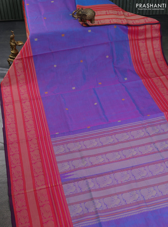 Kanchipuram silk cotton saree dual shade of purple and pink with thread woven buttas and thread woven border