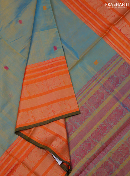 Kanchipuram silk cotton saree dual shade of yellowish teal and orange with thread woven buttas and thread woven border
