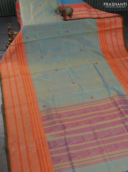Kanchipuram silk cotton saree dual shade of yellowish teal and orange with thread woven buttas and thread woven border