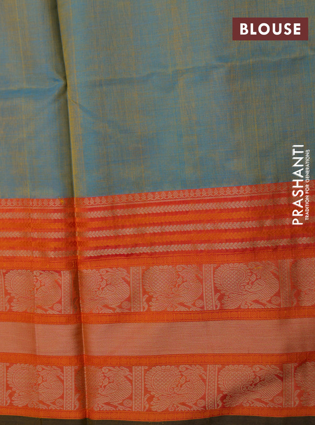 Kanchipuram silk cotton saree dual shade of yellowish teal and orange with thread woven buttas and thread woven border