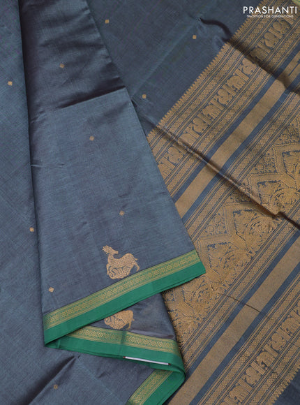 Kanchipuram silk cotton saree grey and green with zari woven buttas and zari woven border